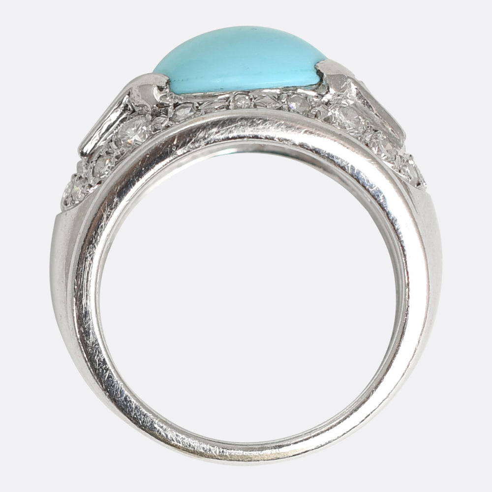 French Art Deco Turquoise & Diamond Bombé Ring