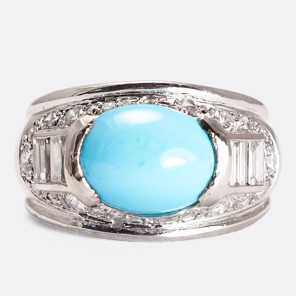 French Art Deco Turquoise & Diamond Bombé Ring