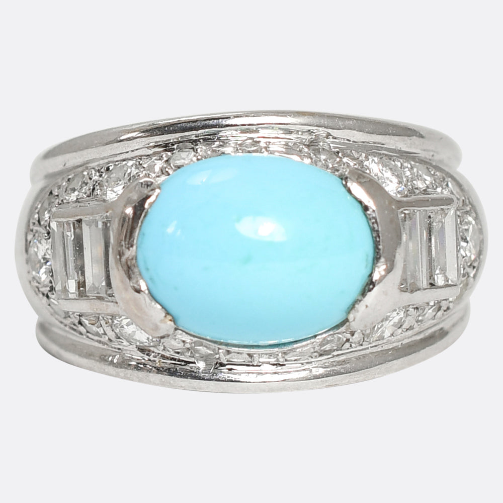 French Art Deco Turquoise & Diamond Bombé Ring