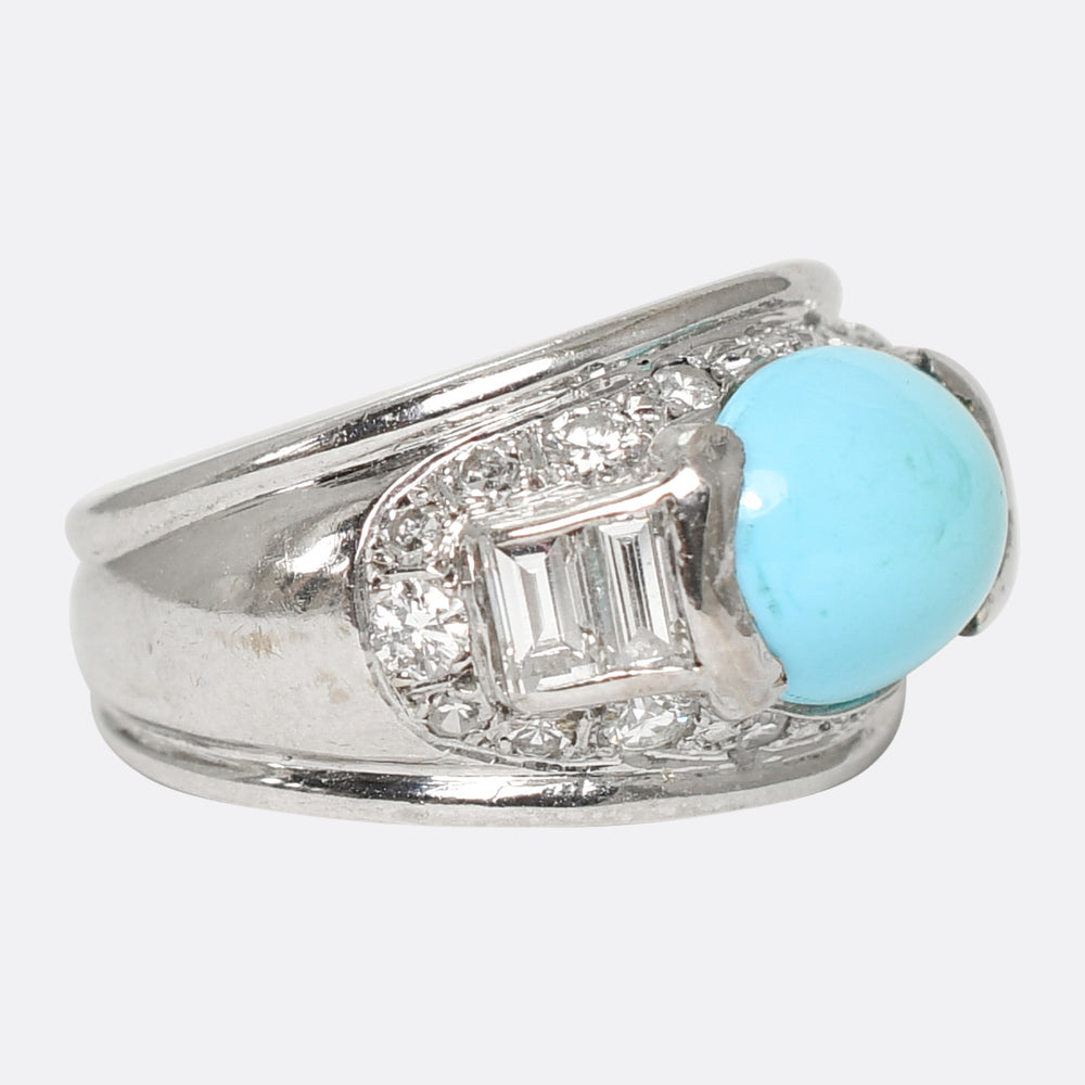 French Art Deco Turquoise & Diamond Bombé Ring