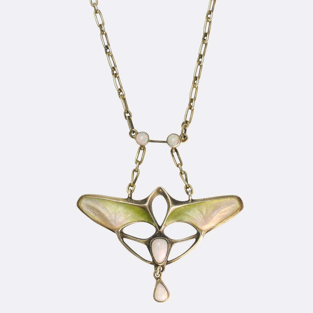 French Art Nouveau Opal & Enamel Silver Necklace