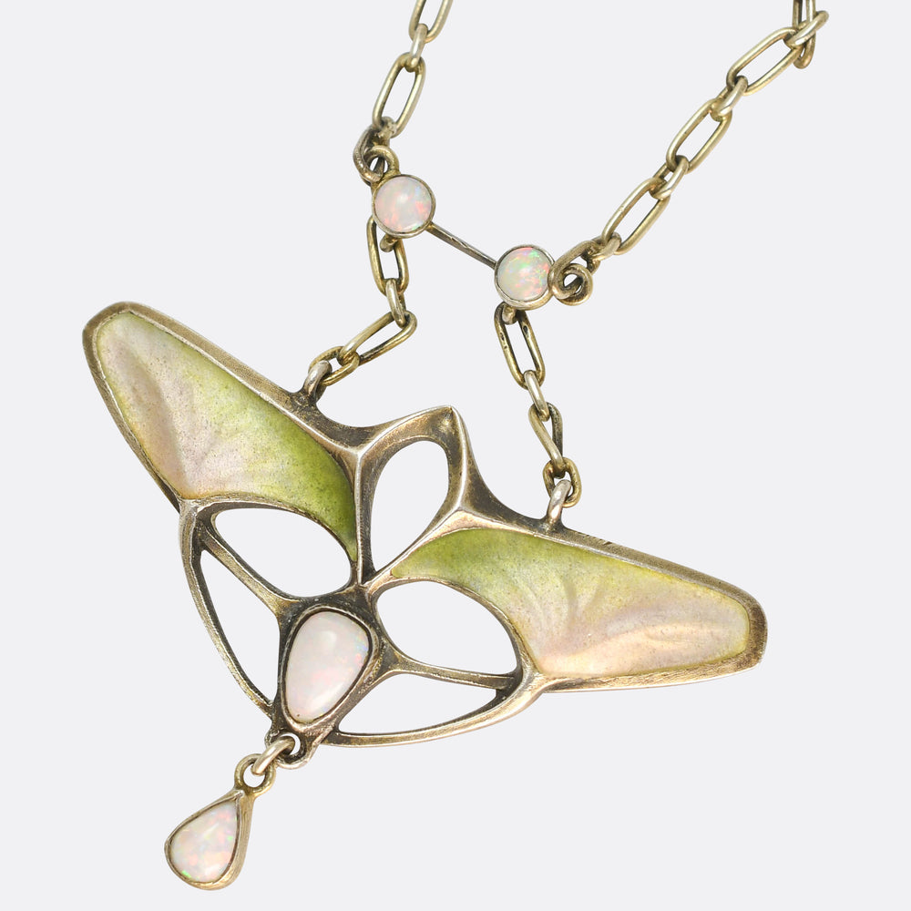 French Art Nouveau Opal & Enamel Silver Necklace