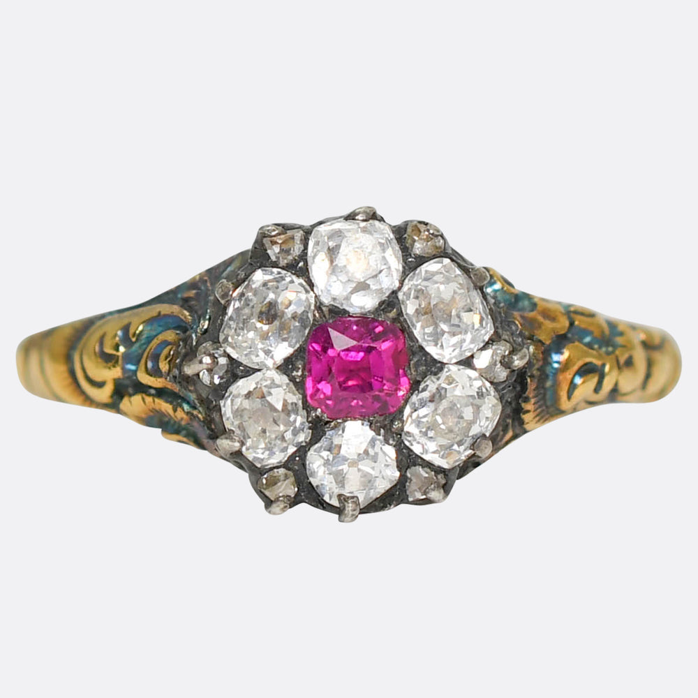 Georgian Burma Ruby & Diamond Enamel Cluster Ring