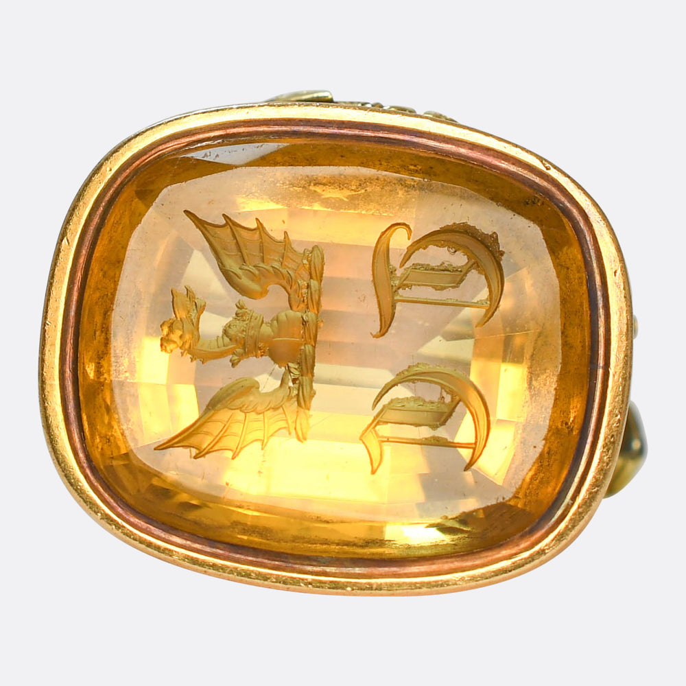 Georgian Citrine 15k Gold Seal Fob & Split Ring