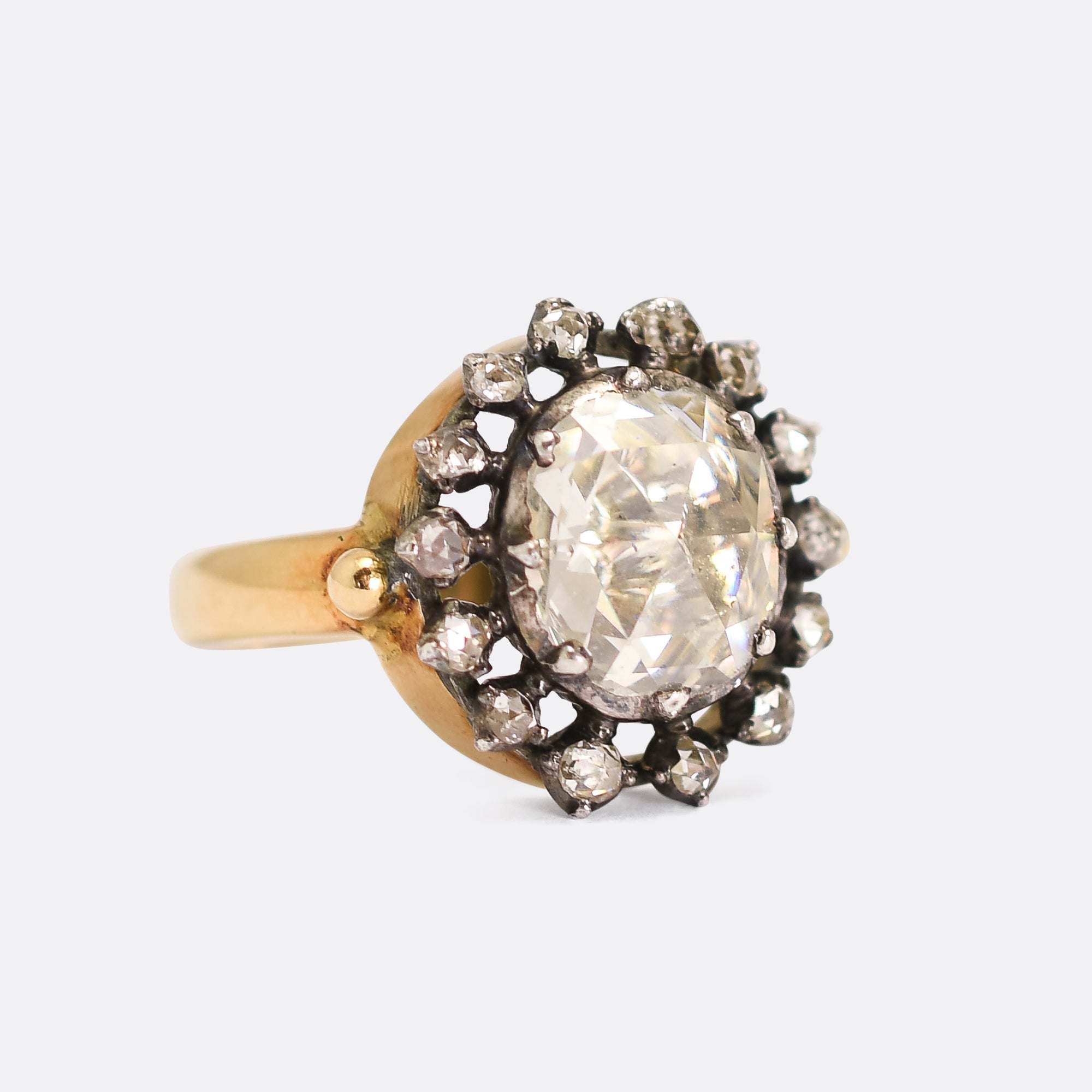 Georgian Era Oval Rose Cut Diamond Ring 22K Yellow Gold Engraved