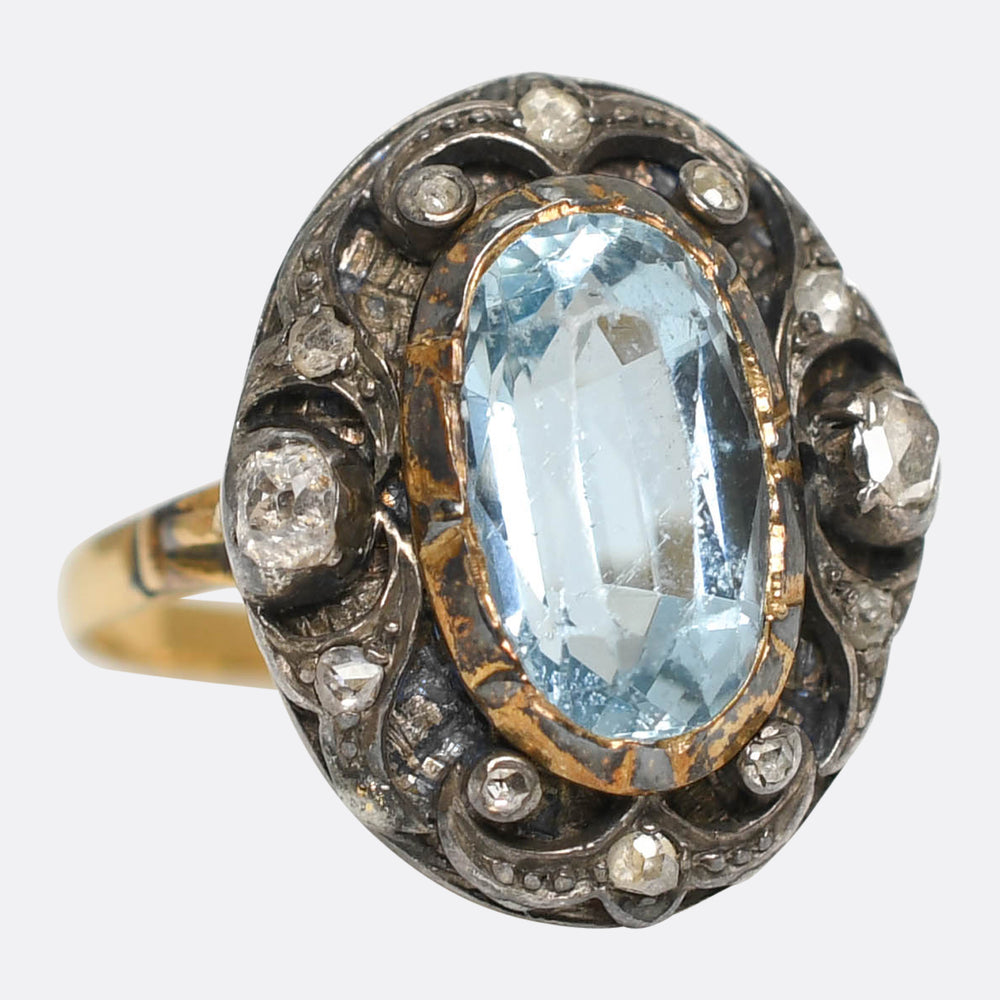 Georgian Oversized Aquamarine & Diamond Cluster Ring