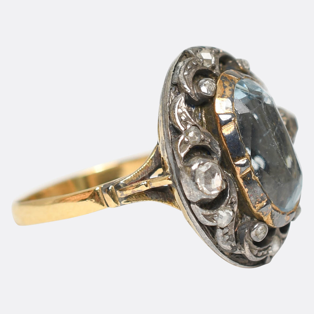 Georgian Oversized Aquamarine & Diamond Cluster Ring
