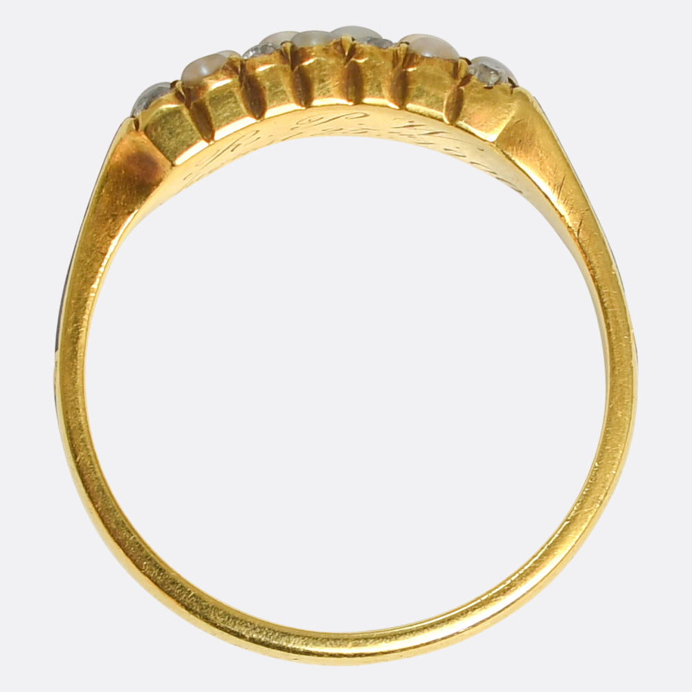 Georgian Pearl, Diamond & Enamel Triple Row Ring