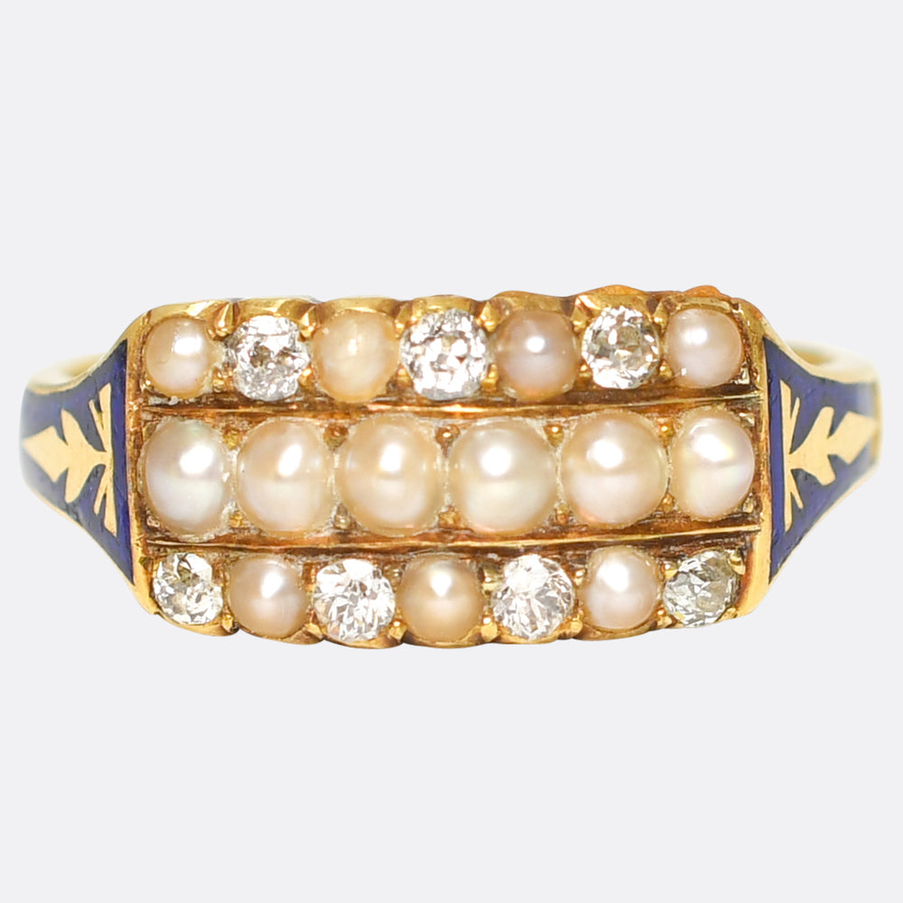Georgian Pearl, Diamond & Enamel Triple Row Ring