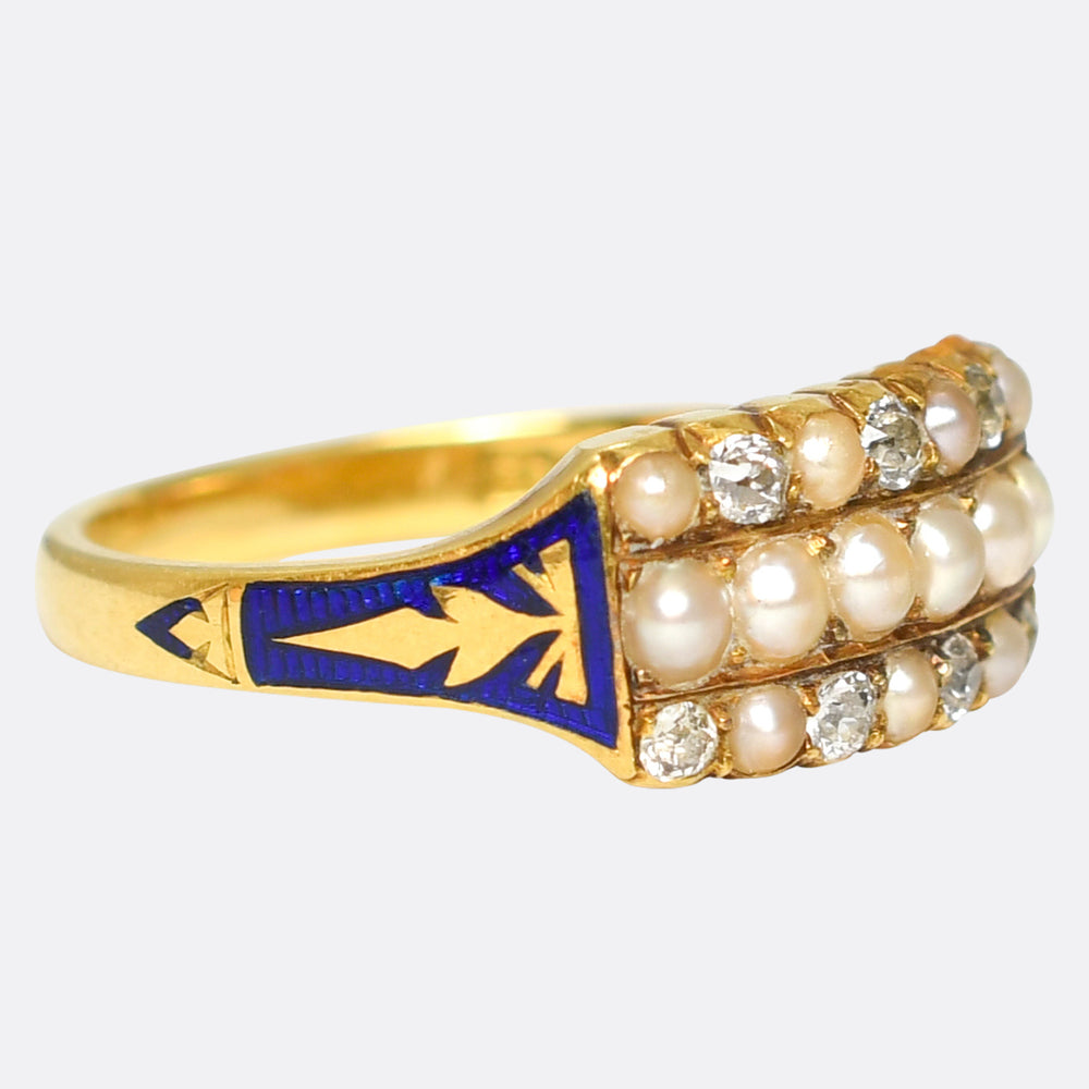 Georgian Pearl, Diamond & Enamel Triple Row Ring