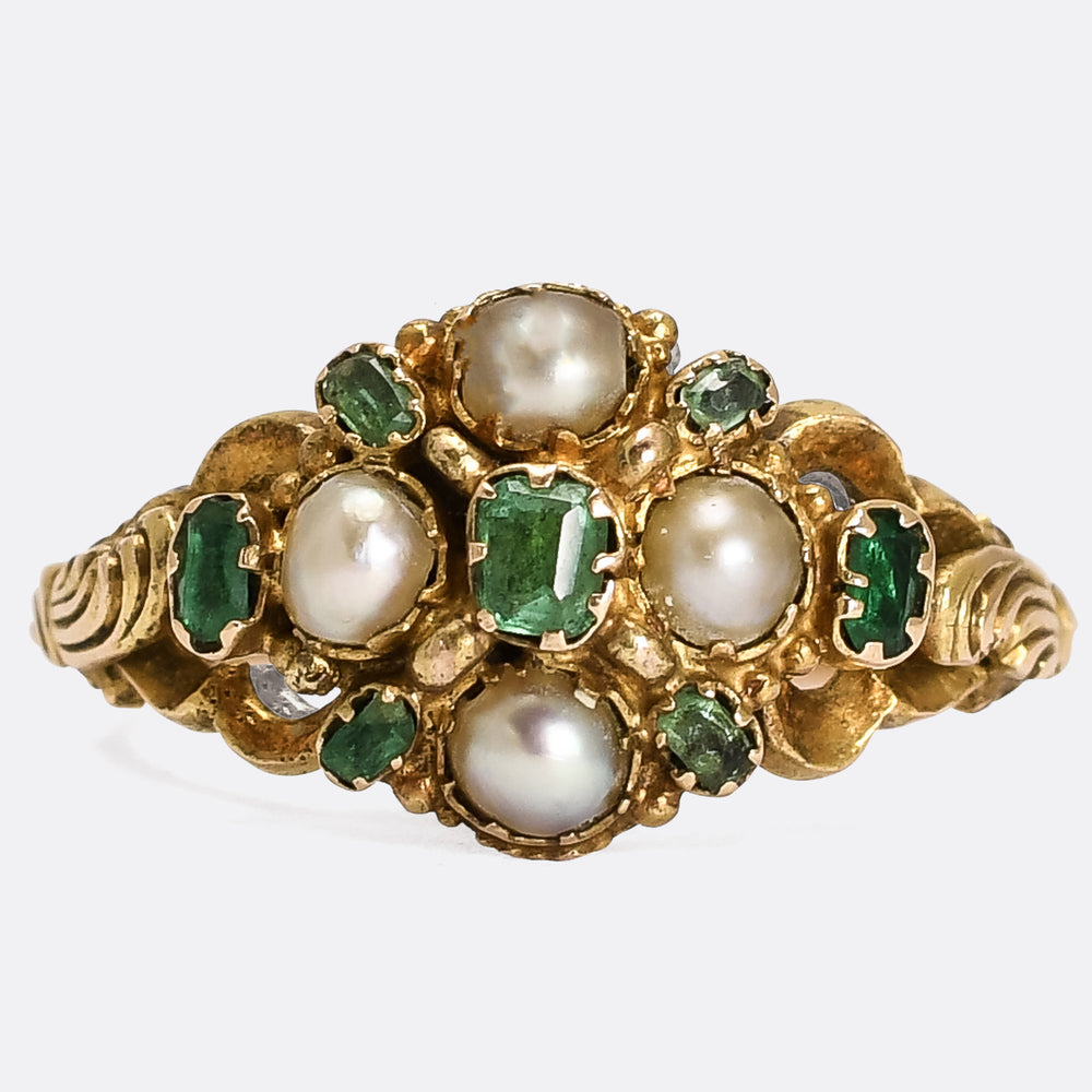 Georgian Pearl & Emerald Locket Cluster Ring