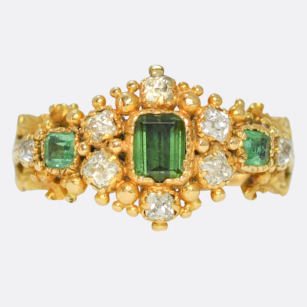 Georgian Regency Tourmaline, Emerald & Diamond Cluster Ring
