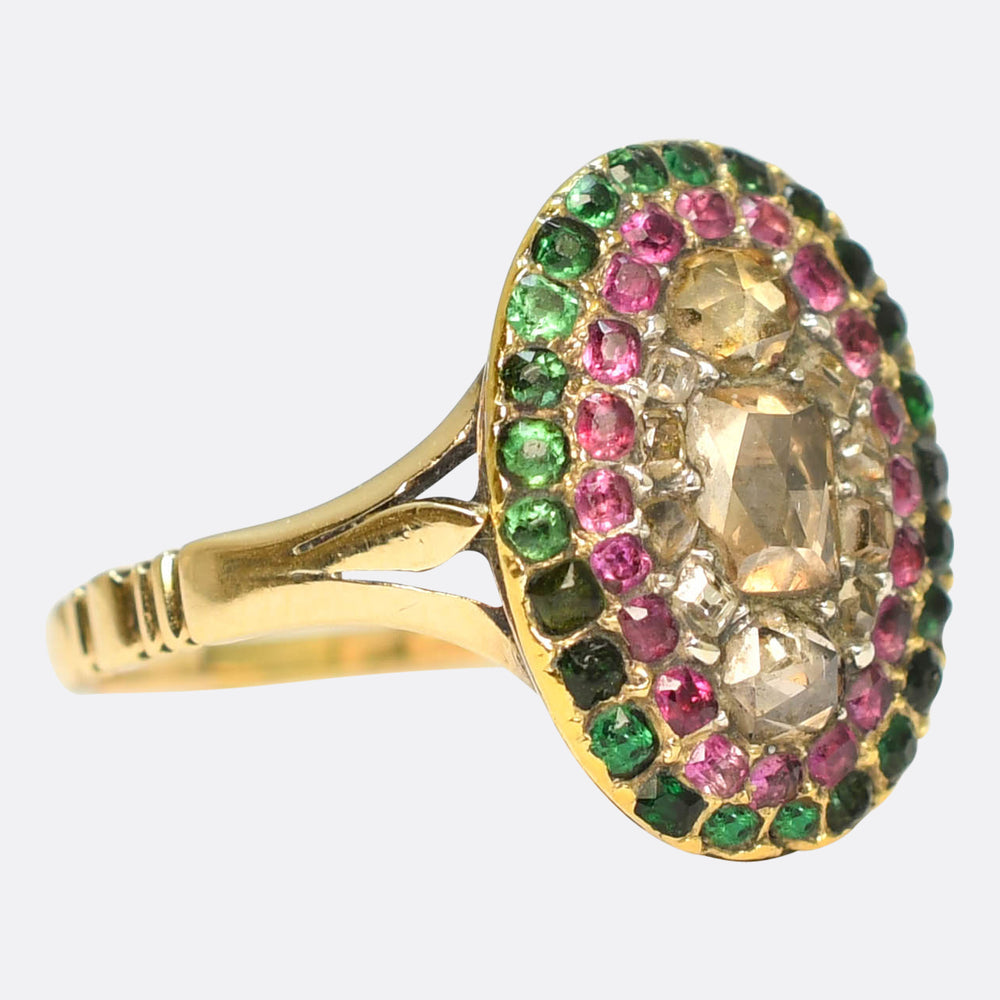 Georgian Rose Cut Diamond, Emerald & Ruby Target Cluster Ring