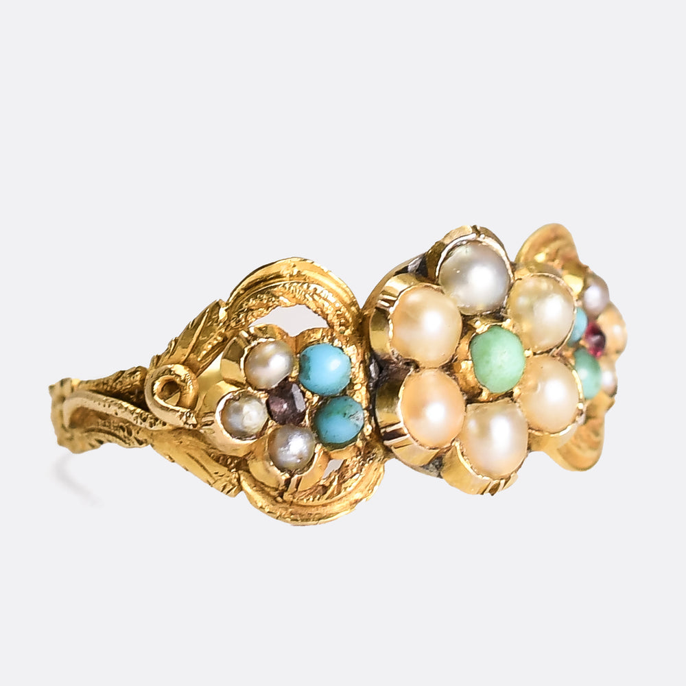 Georgian Turquoise, Pearl & Ruby Forget-Me-Not Ring