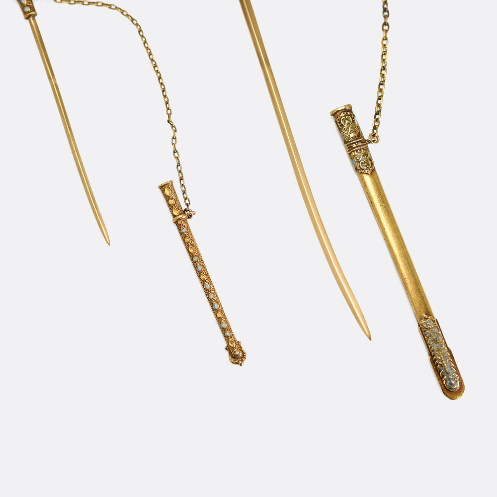High Victorian Diamond & Enamel Sword Pins