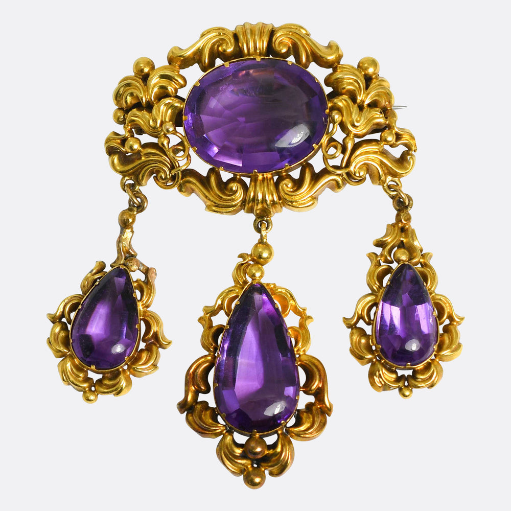 High Victorian Gold Amethyst Drop Brooch
