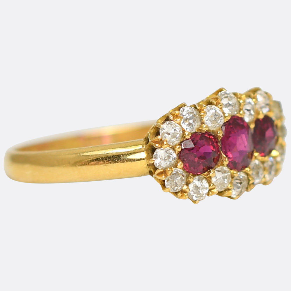 Late Victorian 3-Stone Ruby & Diamond Cluster Ring