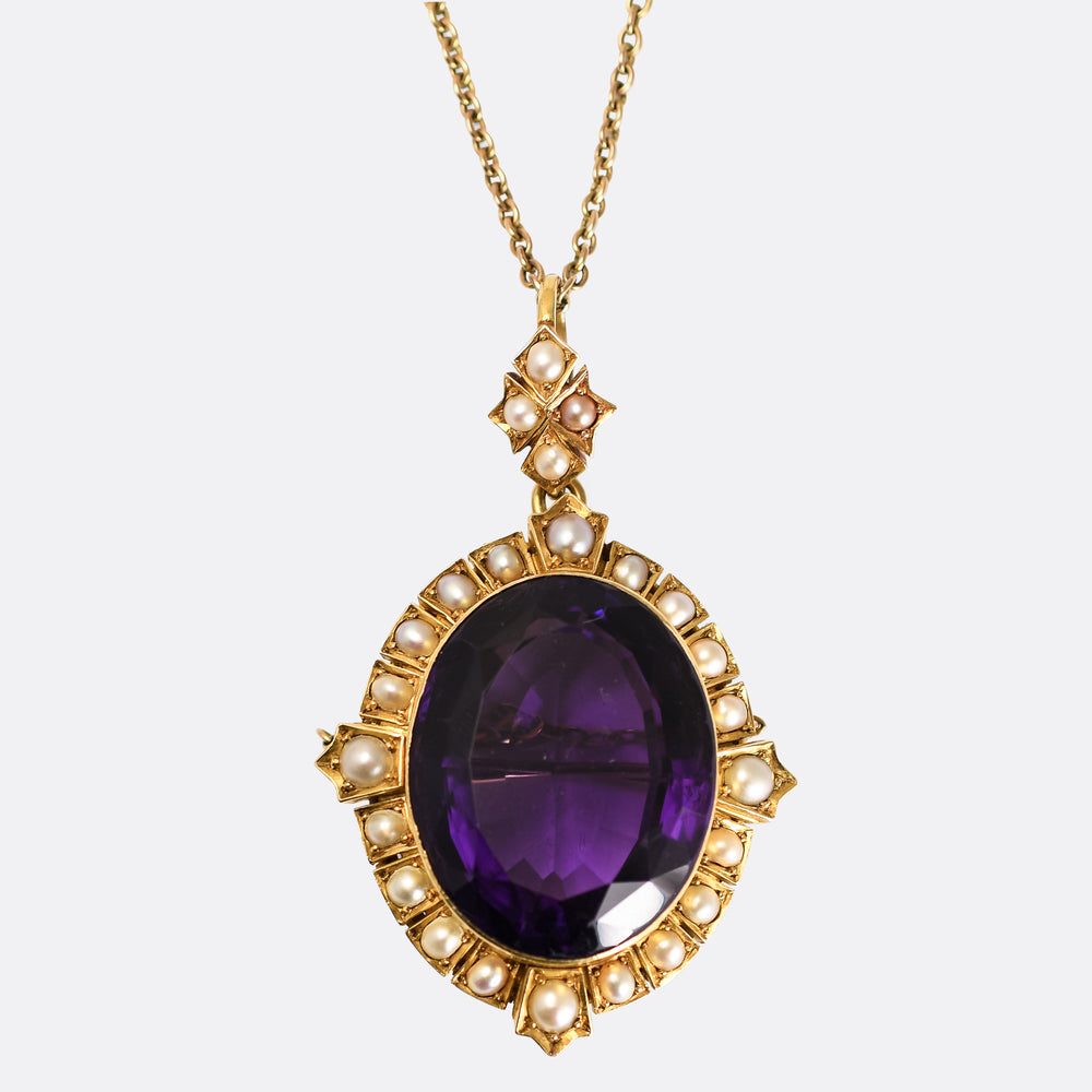 Late Victorian 55ct Siberian Amethyst and Pearl Pendant