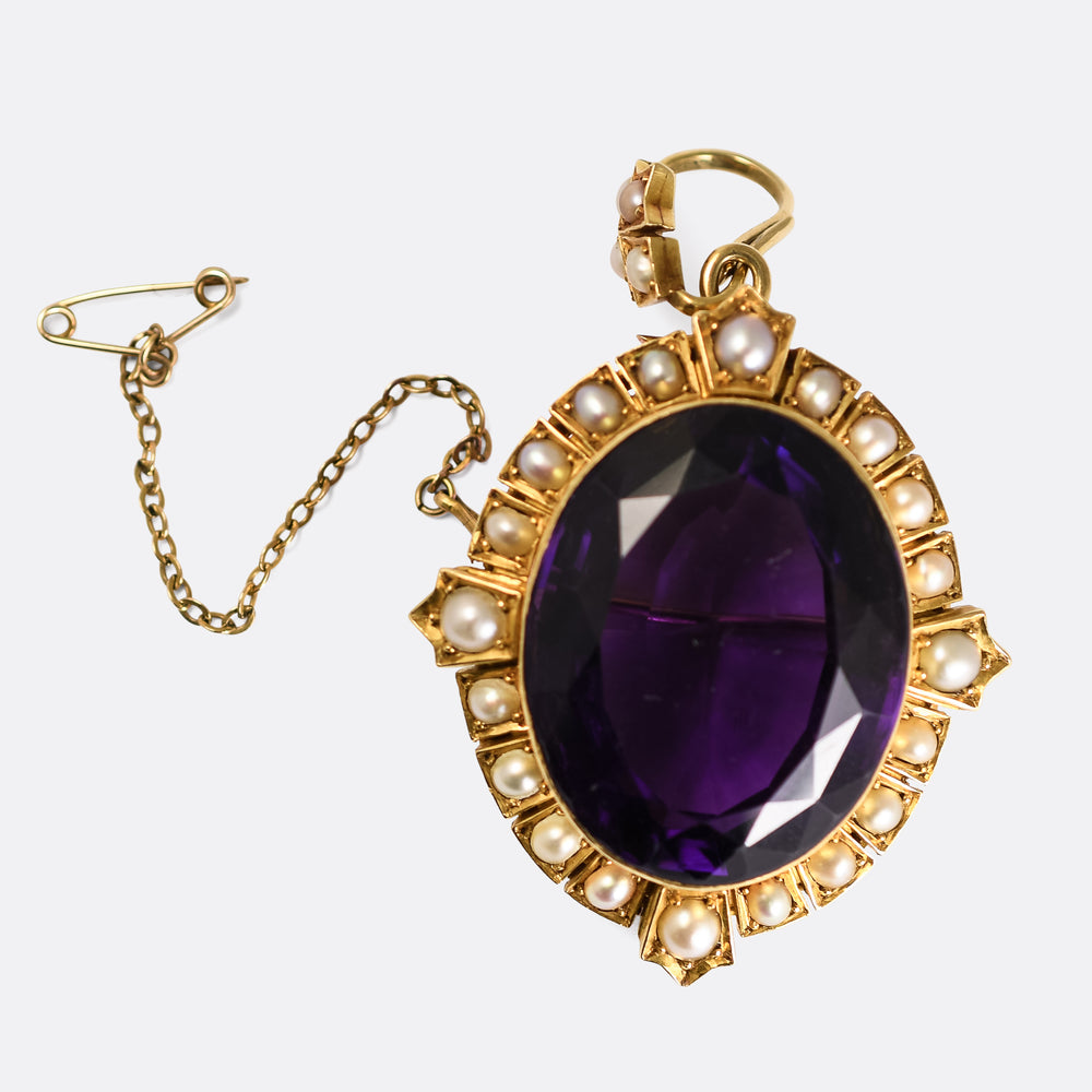 Late Victorian 55ct Siberian Amethyst and Pearl Pendant
