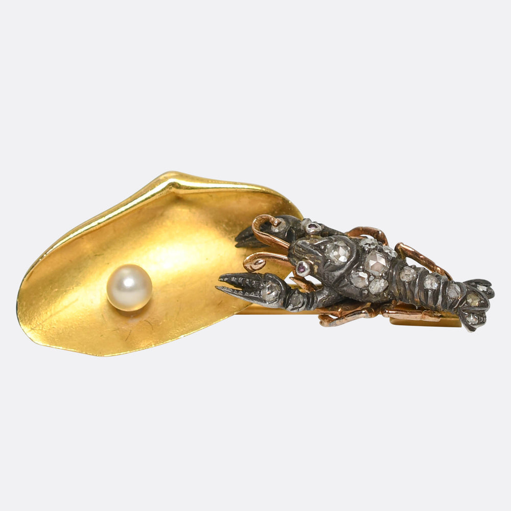Late Victorian Rose Cut Diamond & Pearl Lobster Brooch
