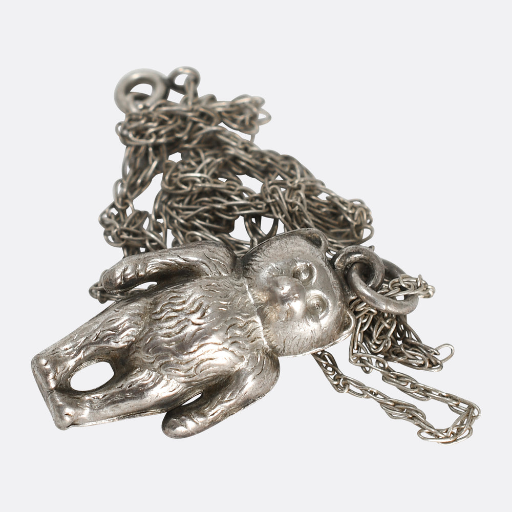 Late Victorian Silver Teddy Bar Pendant & Chain