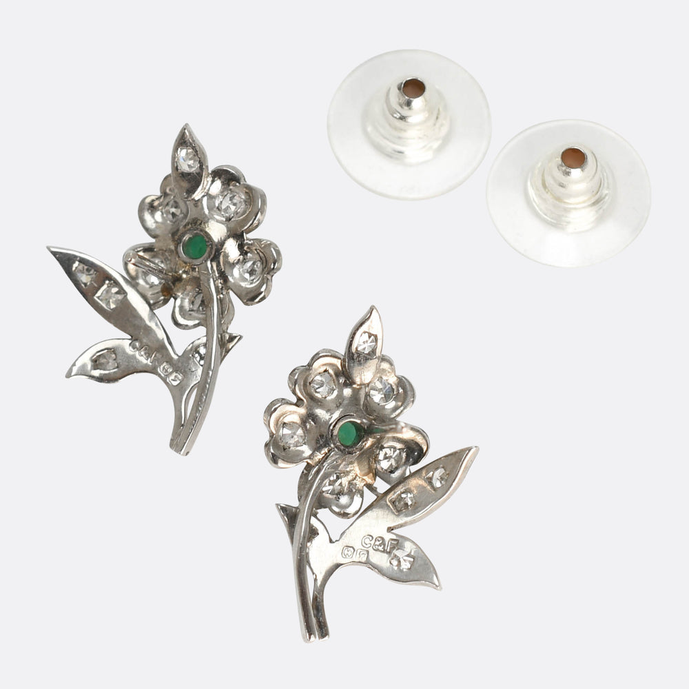 Mid-Century Emerald & Diamond Flower Stud Earrings