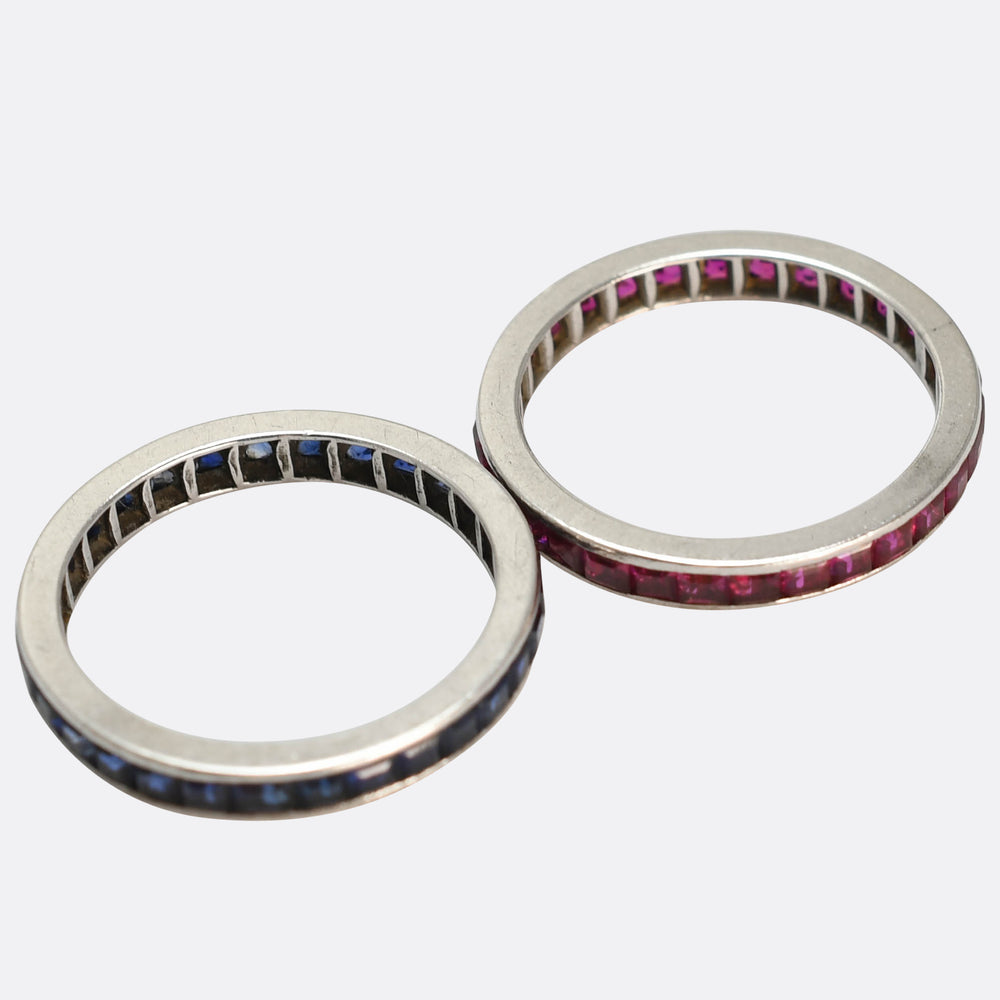 Pair of Art Deco Platinum Sapphire & Ruby Eternity Rings