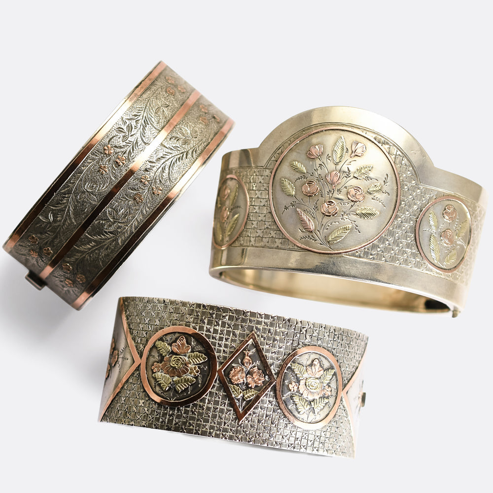 Set of Three Victorian Silver Cuff Bangles with Rose Gold Inlay
