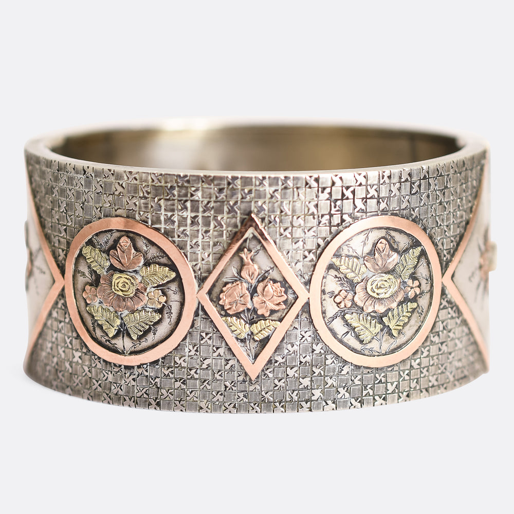 Set of Three Victorian Silver Cuff Bangles with Rose Gold Inlay