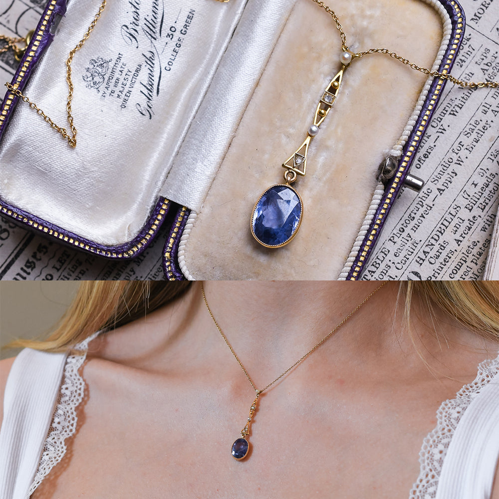 Edwardian Sapphire, Diamond & Pearl Drop Necklace