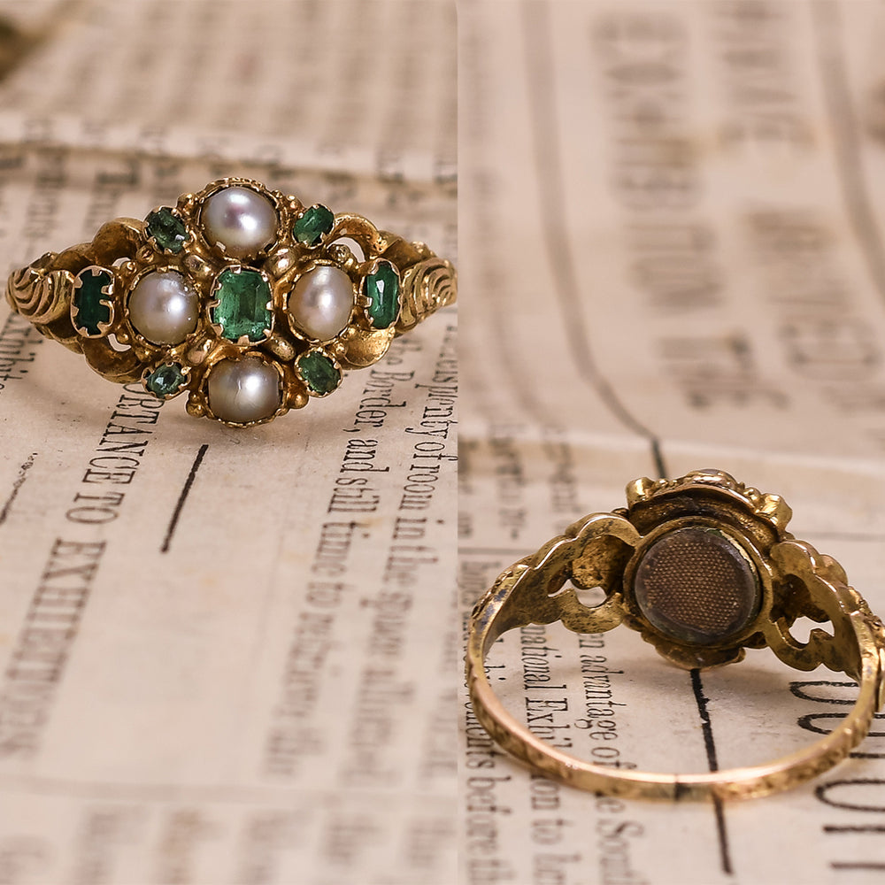 Georgian Pearl & Emerald Locket Cluster Ring