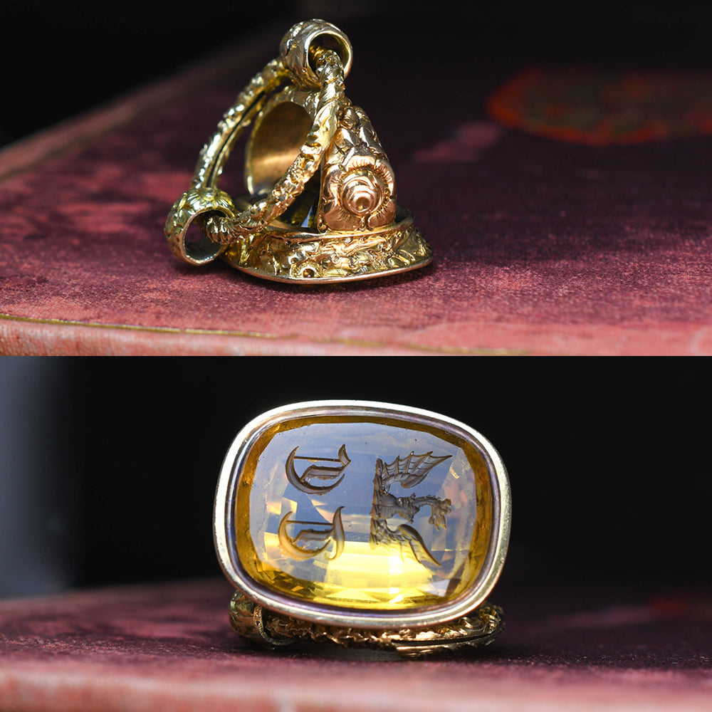 Georgian Citrine 15k Gold Seal Fob & Split Ring