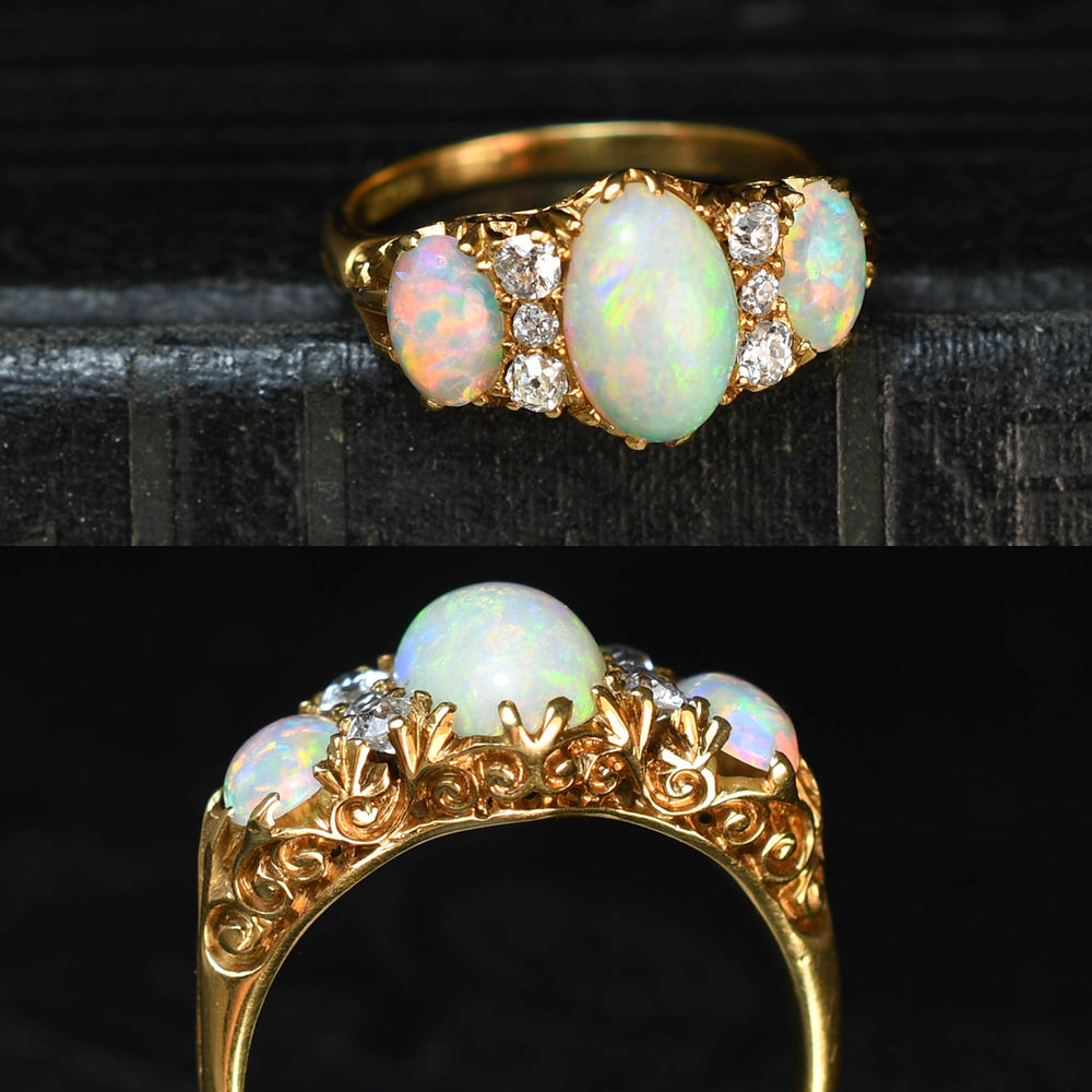 Late Victorian 3-Stone Opal & Diamond Ring