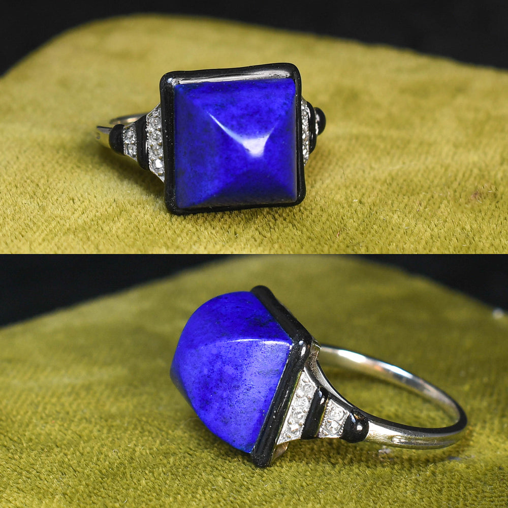 French Art Deco Sugarloaf Lapis Lazuli, Diamond & Enamel Ring