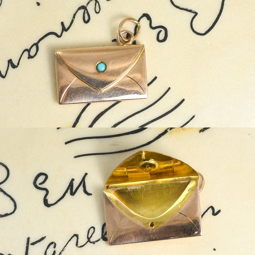 Edwardian 15k Gold Turquoise Envelope Charm
