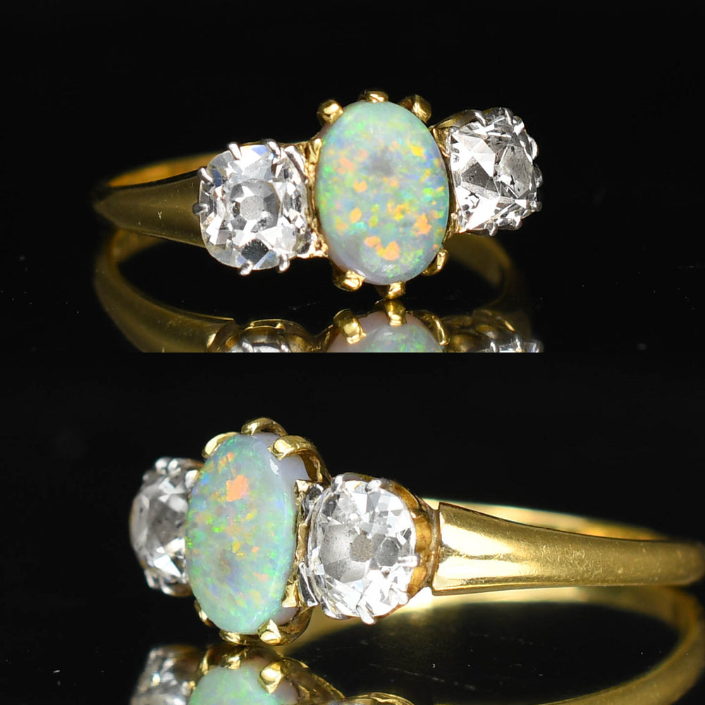 1930's Opal & Cushion Cut Diamond Trilogy Ring