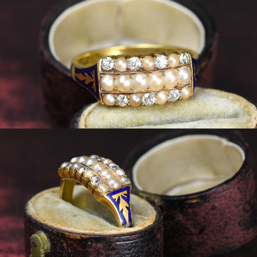 Georgian Pearl, Diamond & Enamel Triple Row Ring