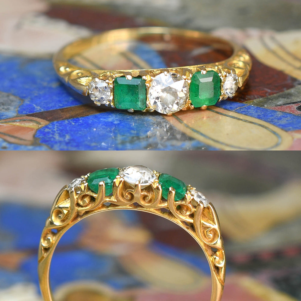Victorian Emerald & Diamond 5-Stone Half Hoop Ring