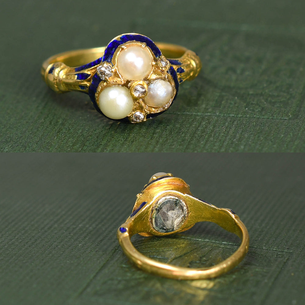 Georgian Trefoil Pearl & Guilloché Enamel Locket Ring