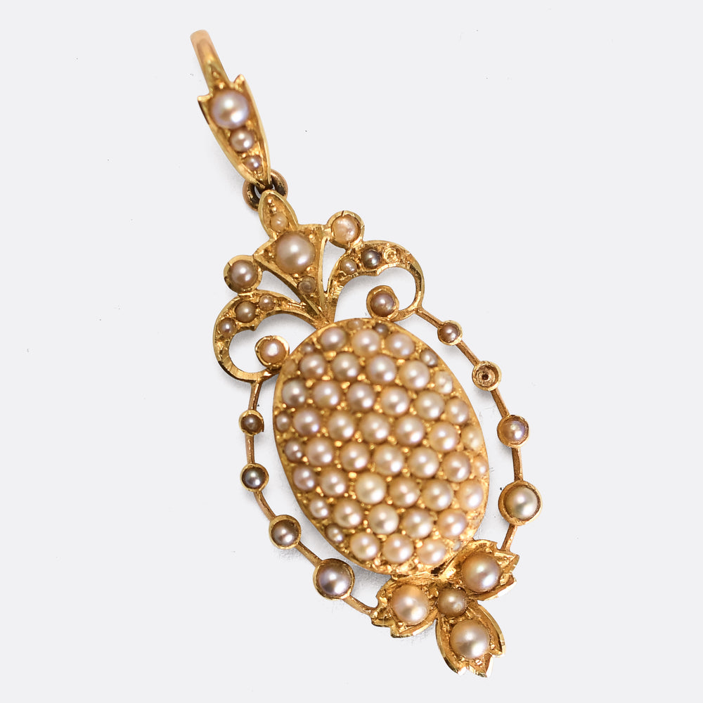 Victorian 15k Gold Pavé Pearl Pendant