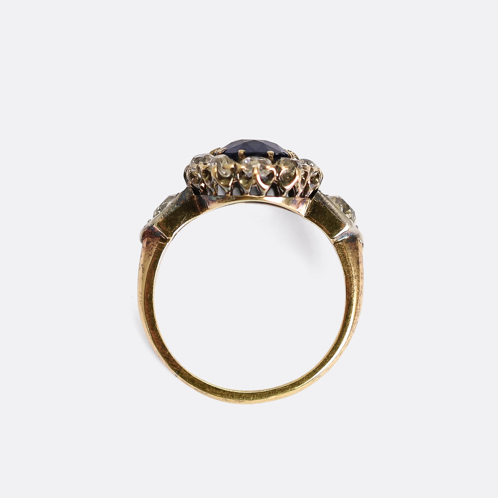 Victorian 2.5ct Cushion Cut Sapphire & Diamond Ring