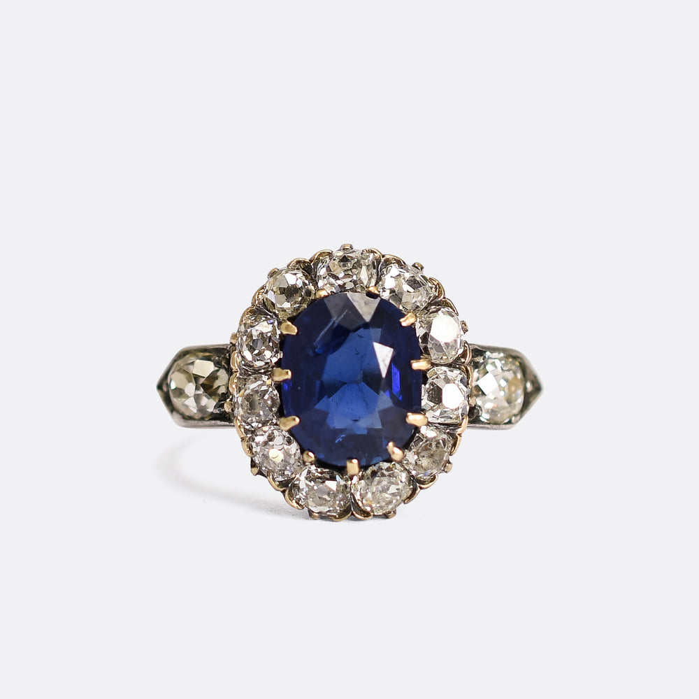Victorian 2.5ct Cushion Cut Sapphire & Diamond Ring