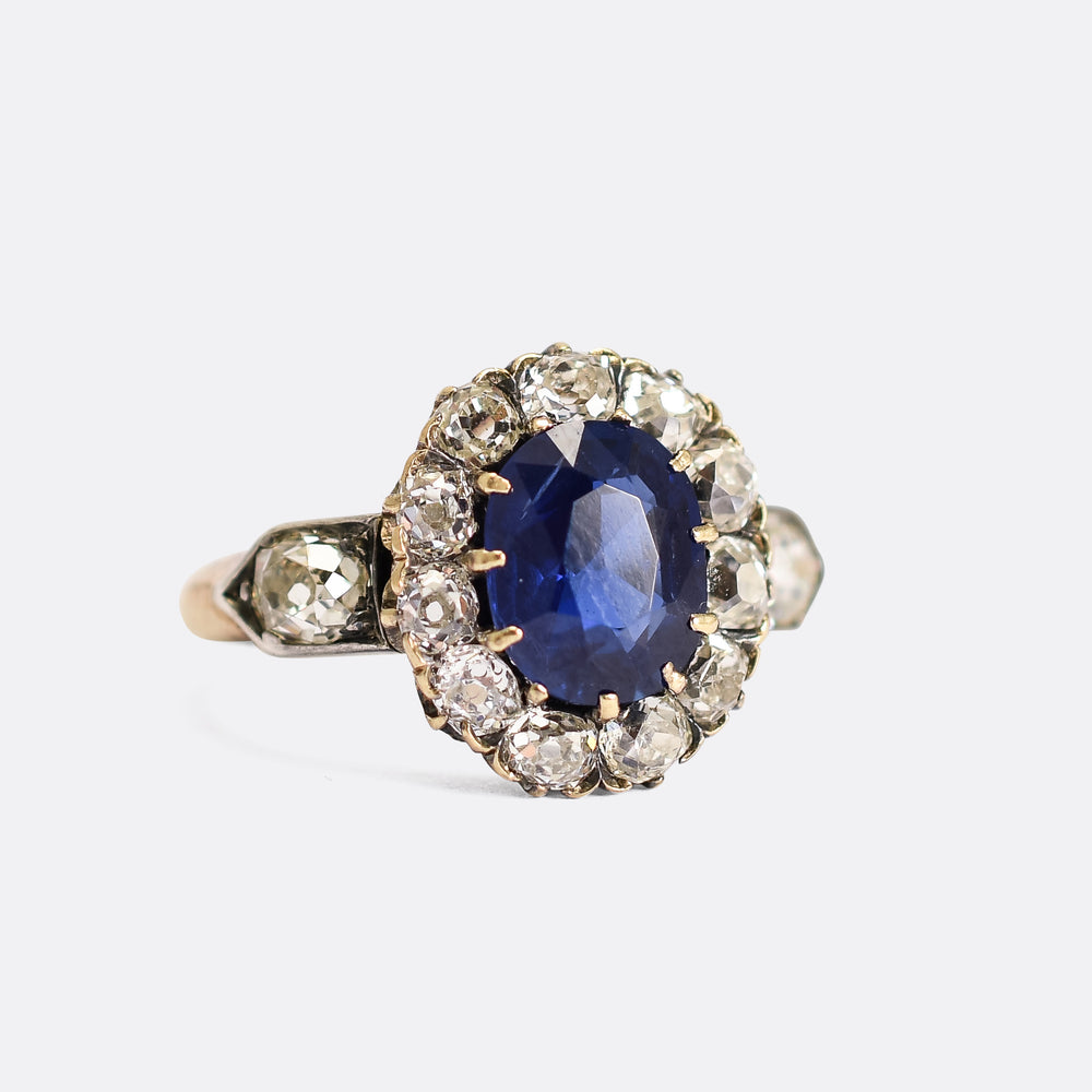 Victorian 2.5ct Cushion Cut Sapphire & Diamond Ring