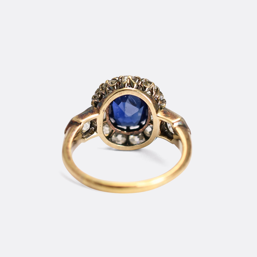 Victorian 2.5ct Cushion Cut Sapphire & Diamond Ring