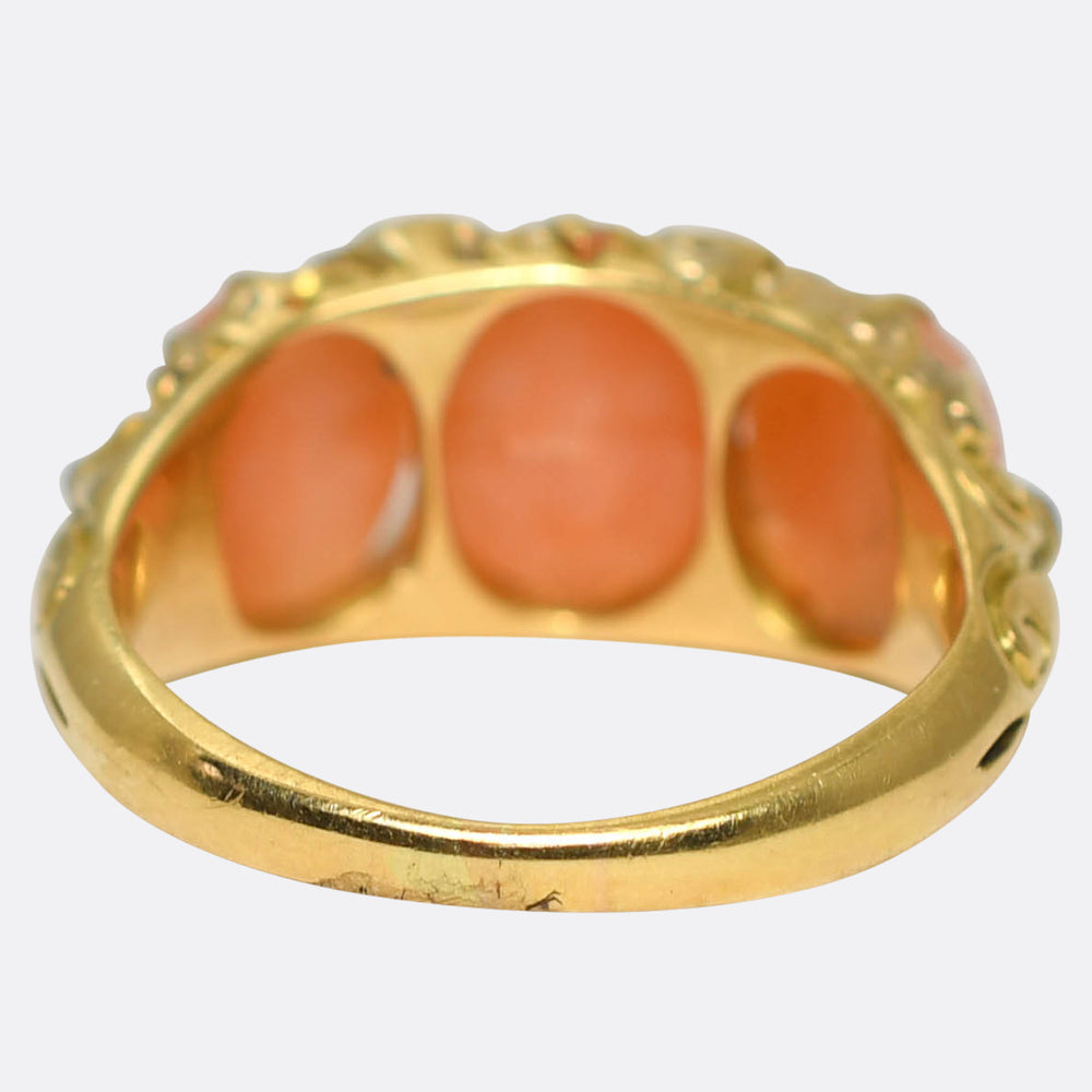Victorian 3-Stone Coral & Diamond Ring