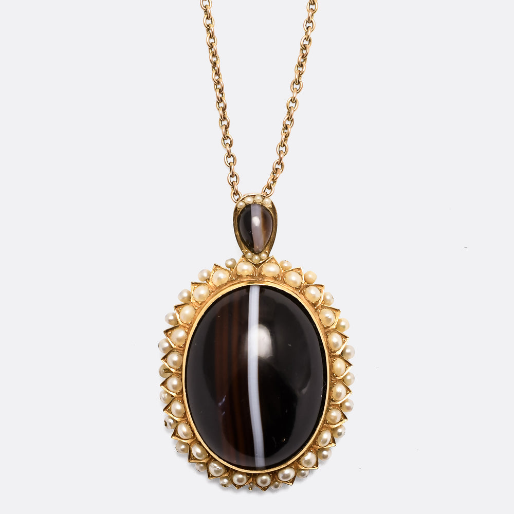 Victorian Banded Agate & Pearl Locket Pendant