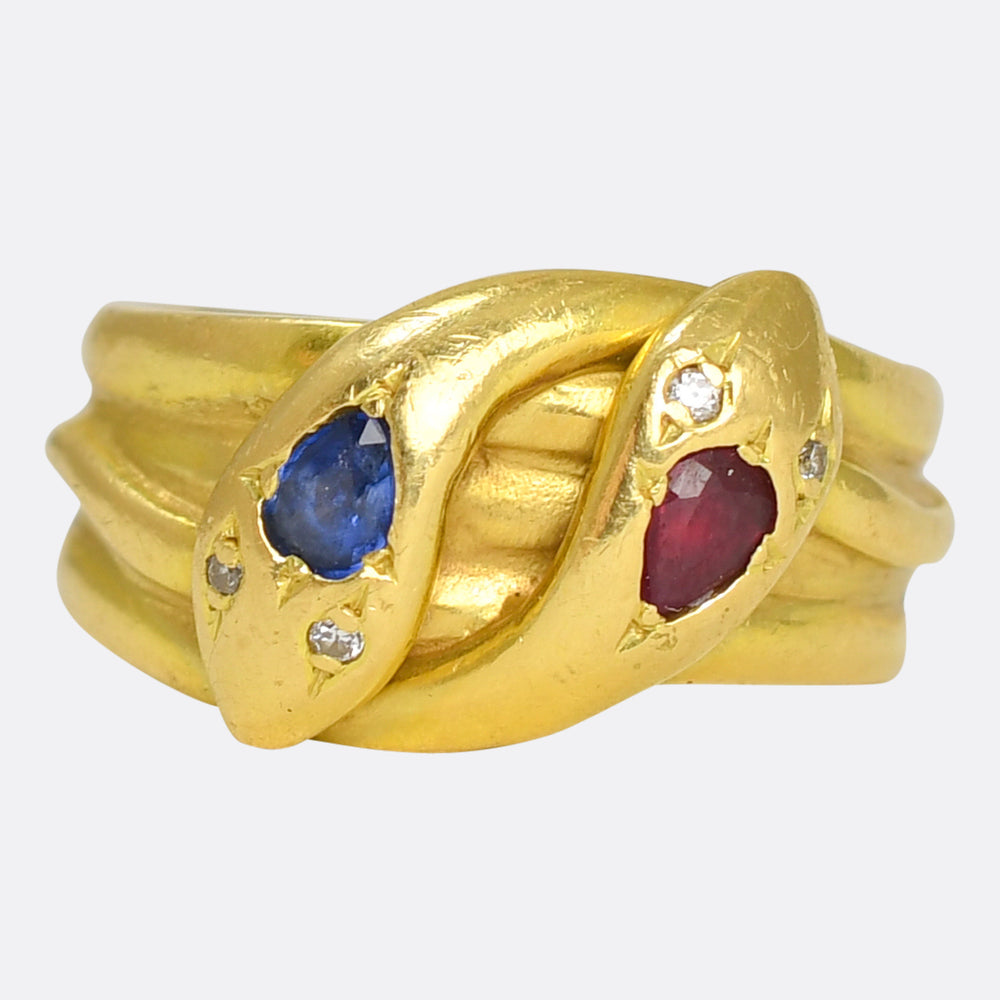 Victorian Burma Sapphire, Ruby & Diamond Double Snake Ring
