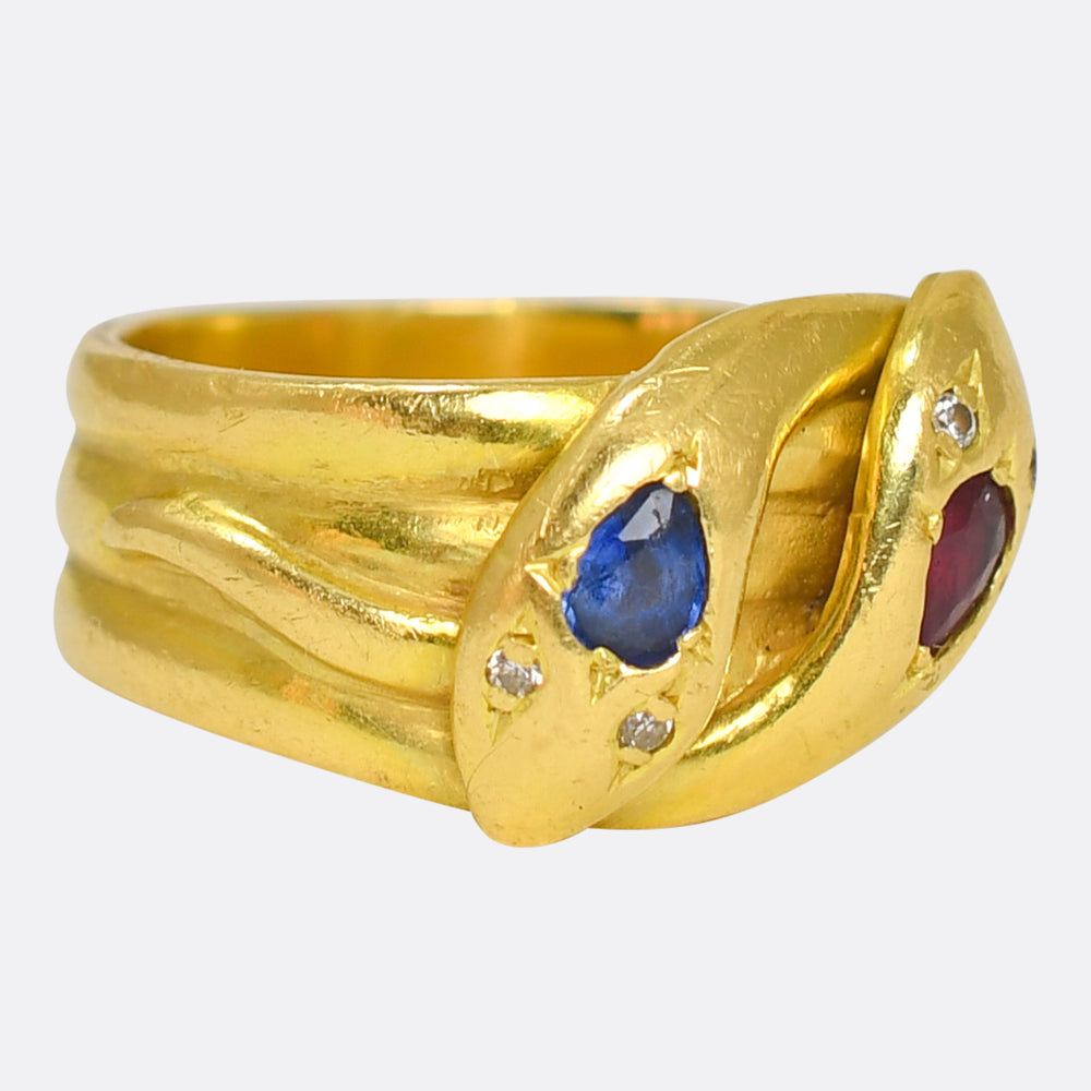 Victorian Burma Sapphire, Ruby & Diamond Double Snake Ring