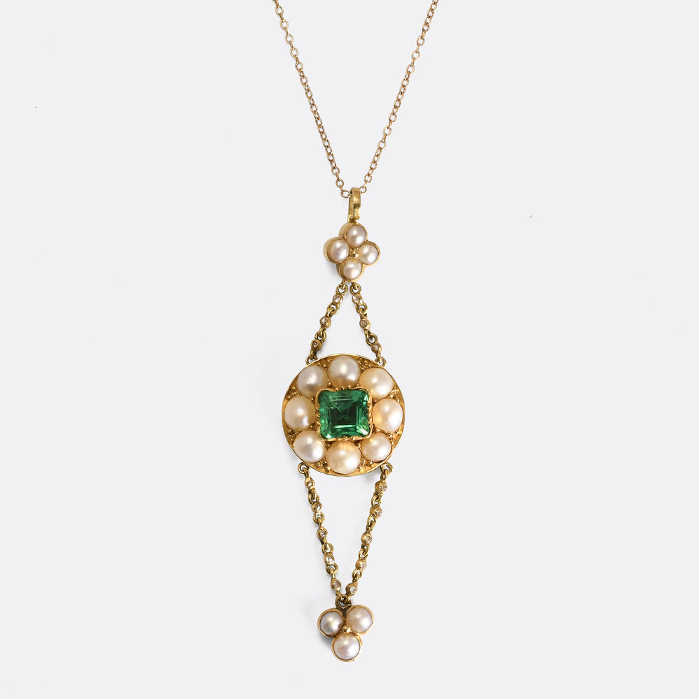 Victorian Colombian Emerald & Pearl Pendant Necklace