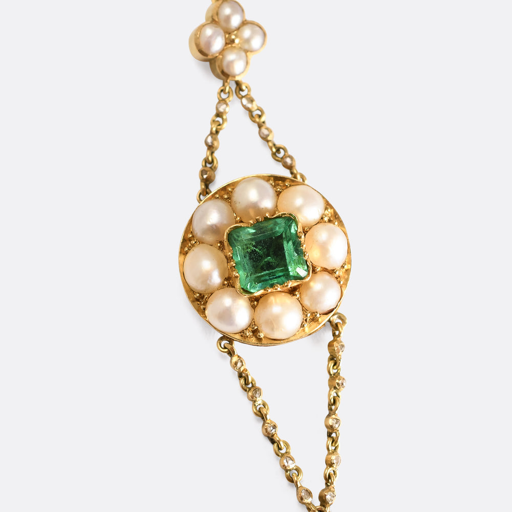 Victorian Colombian Emerald & Pearl Pendant Necklace